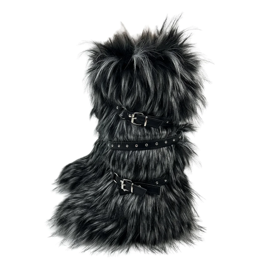 European and American Cross-border Y2K Spice Girls Sexy High Barrel Snow Boots 2024 New Cross Belt Buckle Fur Hair Boots-MERUMOTE