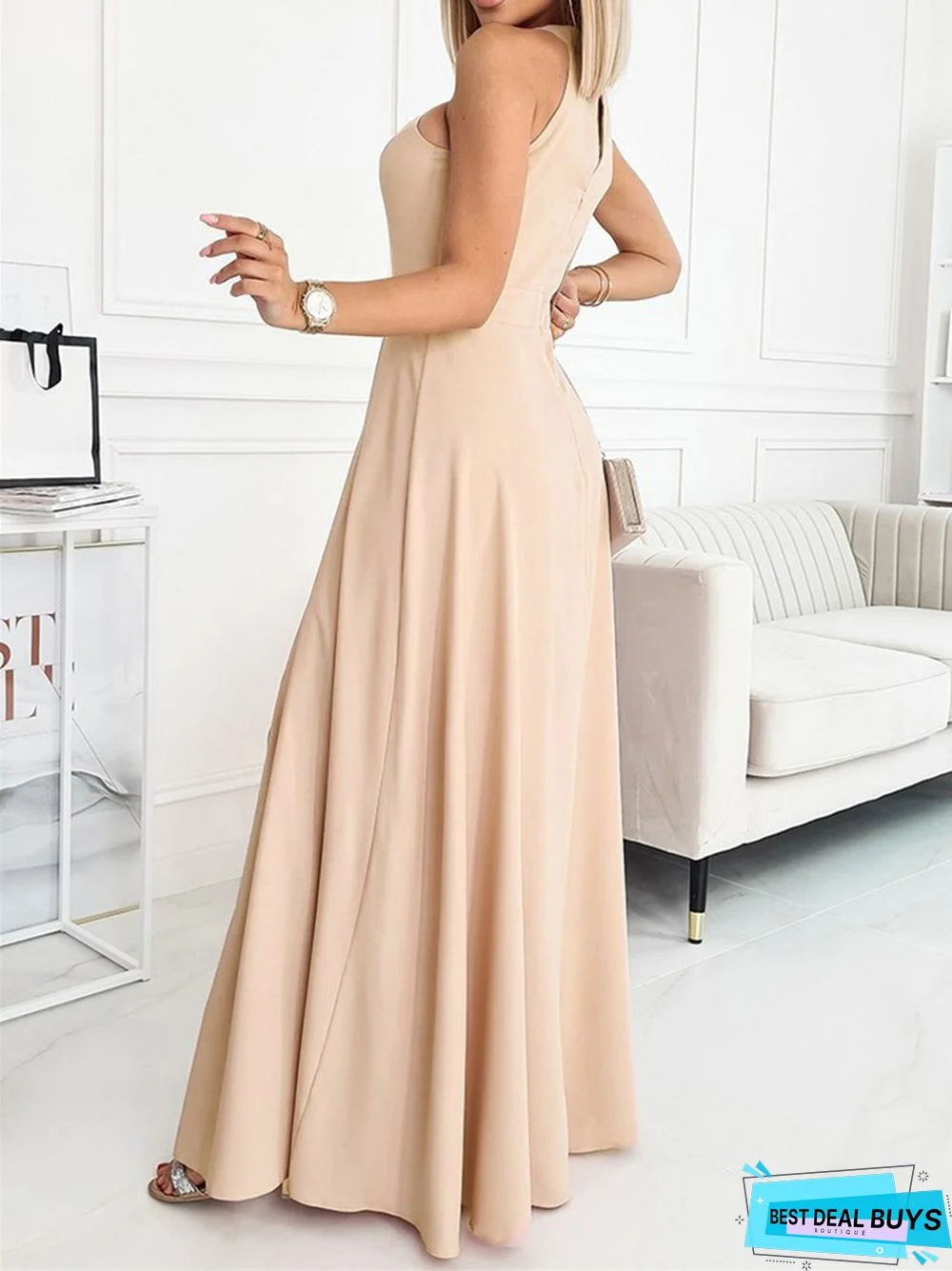 Solid Color Sleeveless Waist Dress Full Skirt