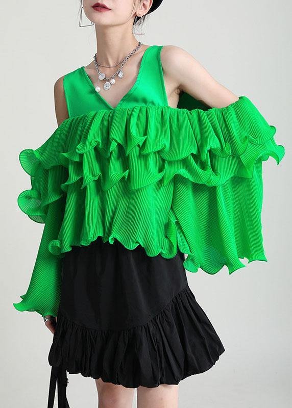 Fashion Green Asymmetrical Design Ruffled Cold Shoulder Chiffon Top Long Sleeve