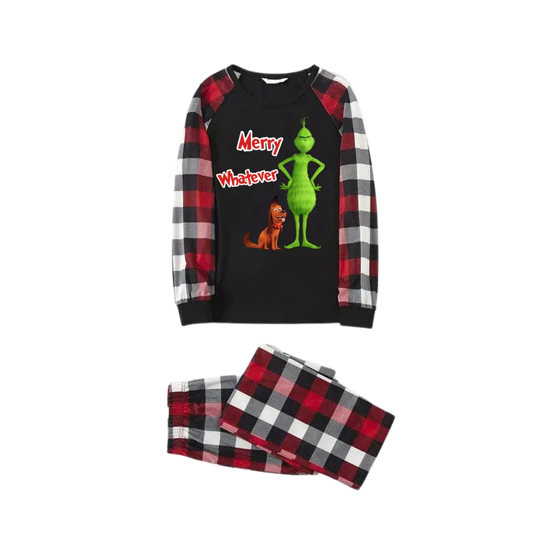 'Merry Whatever' Red Text With Green Cartoon Characters and Dog Pattern Contrast Black Top Red&Black&White Plaid Pants Family Matching Pajamas