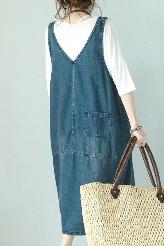 Vintage Lace Blue Denim Sundress Women Summer Clothes Q1100