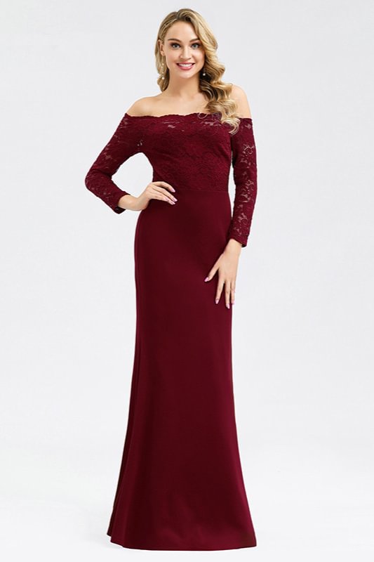 Elegant Off-the-Shoulder Burgundy Evening Gowns Mermaid Lace Long Sleeves Prom Dress - lulusllly