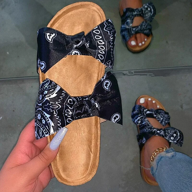Bandana Sandals Women Summer Bow Flat Shoes Ladies Beach Slipper Outdoor Fashion Slides for Ladies Casual Flip Flops