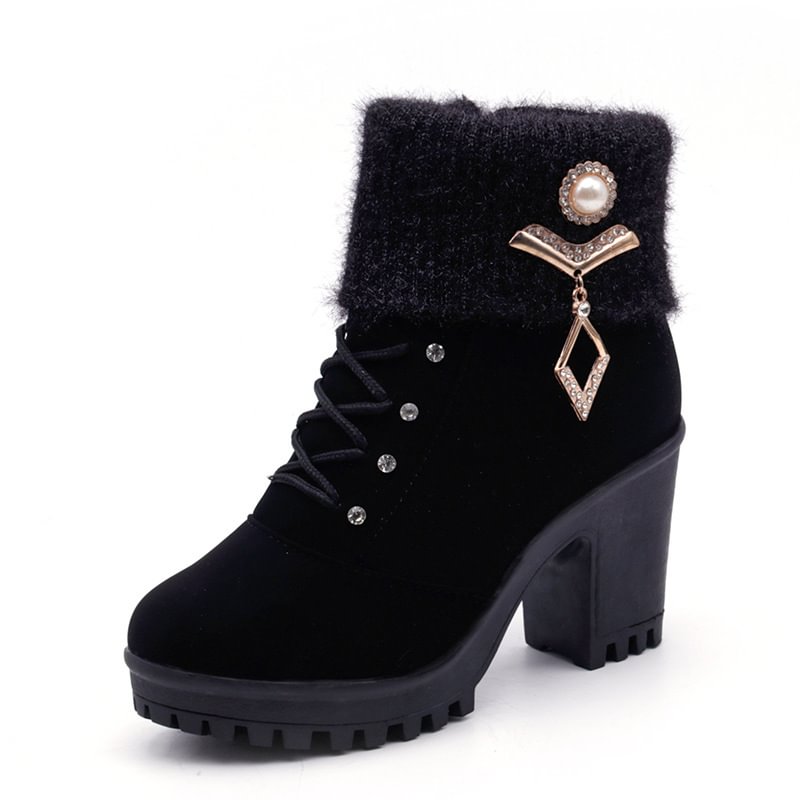 women's boots with coarse Martin boots female round high-heeled shoes in autumn and winter warm mix boots-PABIUYOU- Women's Fashion Leader