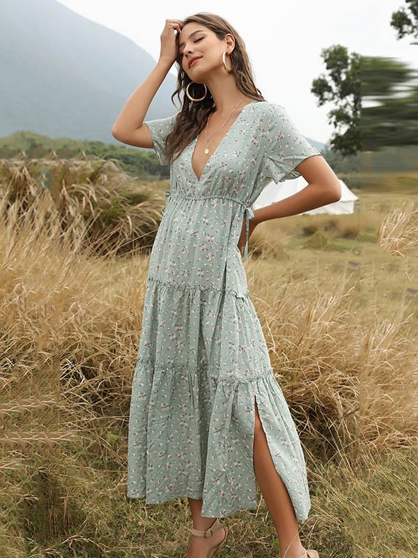 Vacation Floral V-Neck Split-Side Midi Dress