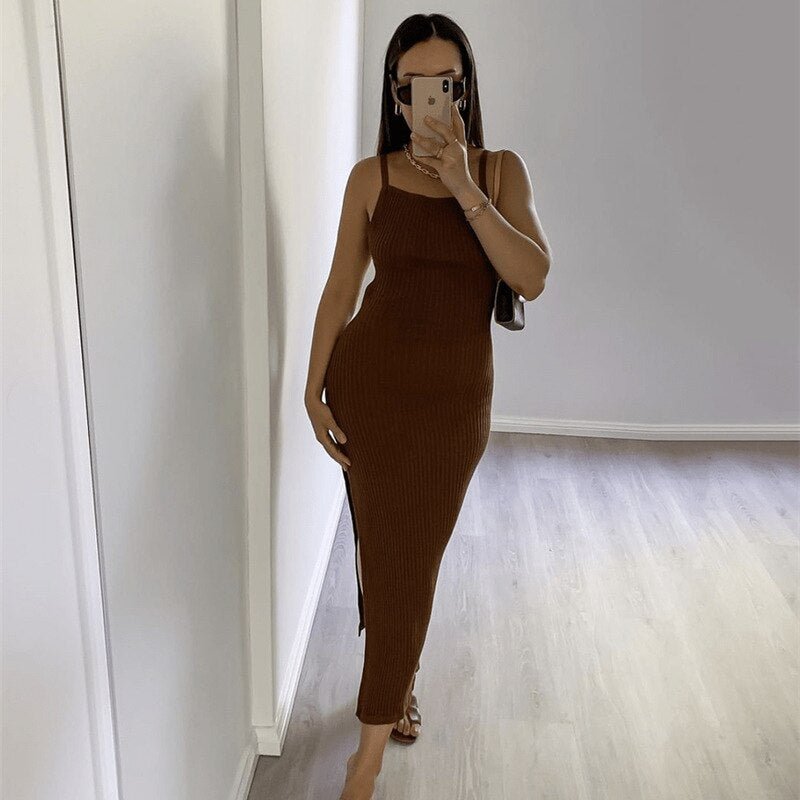 Knitted Sweater Backless Midi Dress Sleeveless Orange Beach Summer Bodycon Dress Split Club Party 2022
