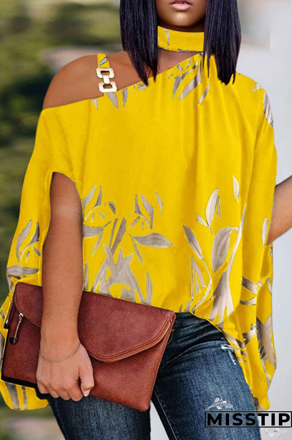 Gradient Color Casual Print Patchwork Asymmetrical Collar Plus Size Tops