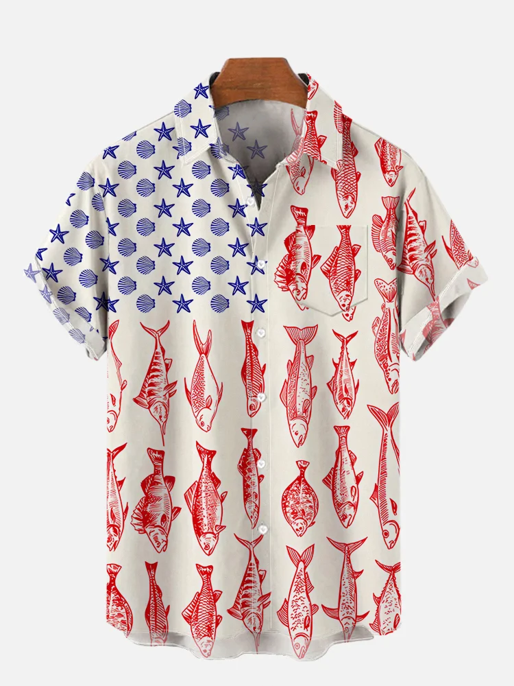 Men's Independence Day Ocean Life Print Shirt PLUSCLOTHESMAN