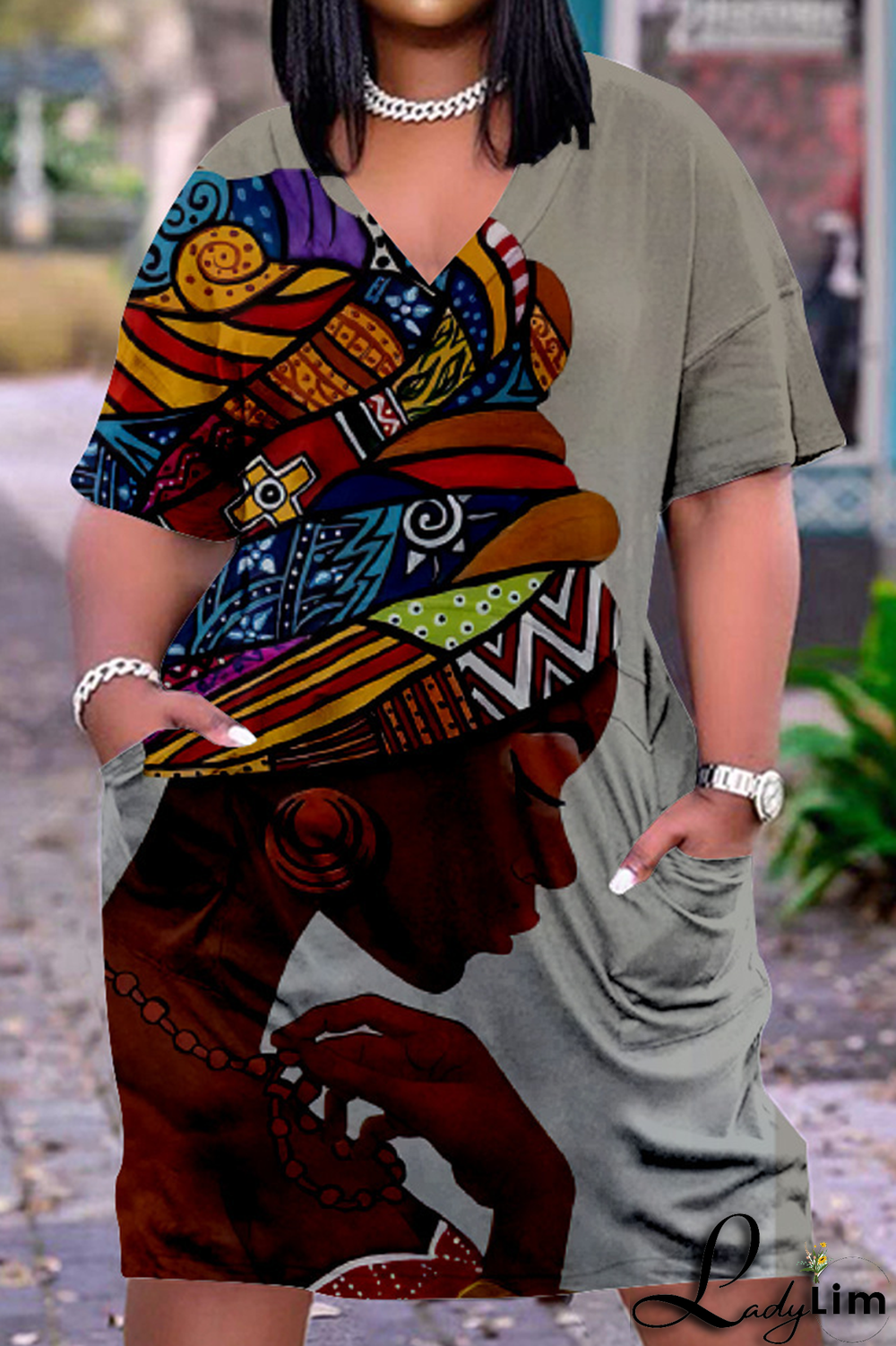 Black White Casual Print Split Joint V Neck Straight Dresses