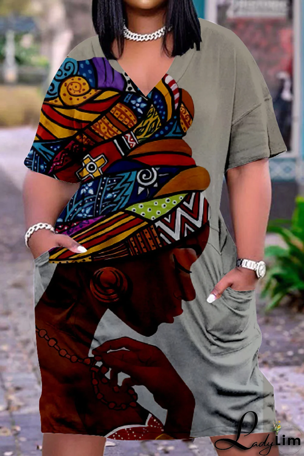 Black White Casual Print Split Joint V Neck Straight Dresses