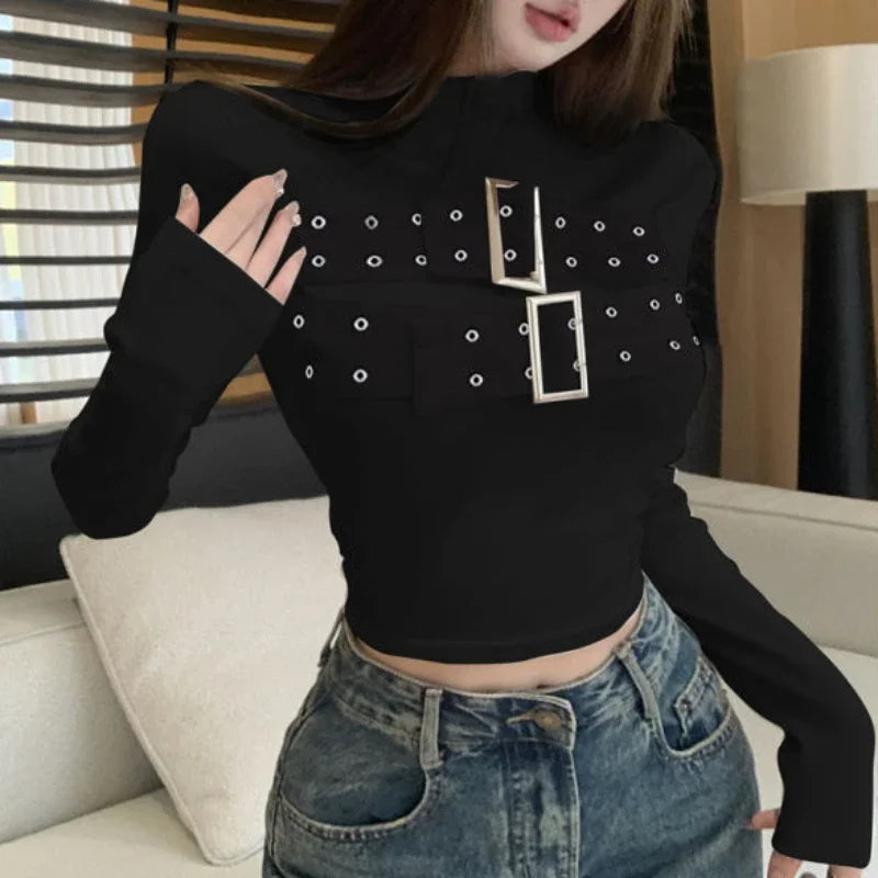 Aiertu Chic Buckle Long Sleeve T-Shirts Women Fashion Solid Simple Slim All-match Basic Tops Ladies Hot Half High Collar Hole Ins New aiertu