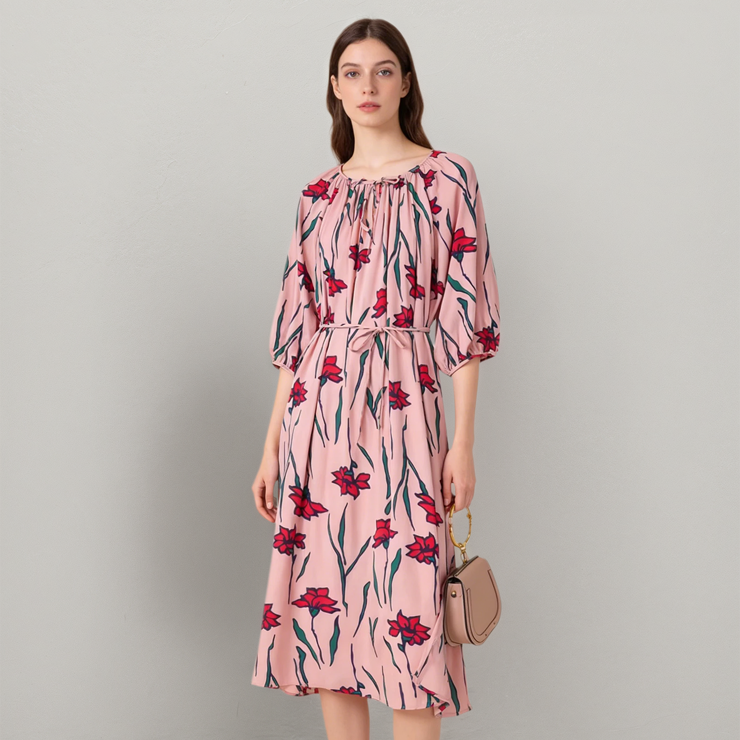 Women's Silk Stretch Crepe de Chine Puff Sleeve Midi Dress REAL SILK LIFE