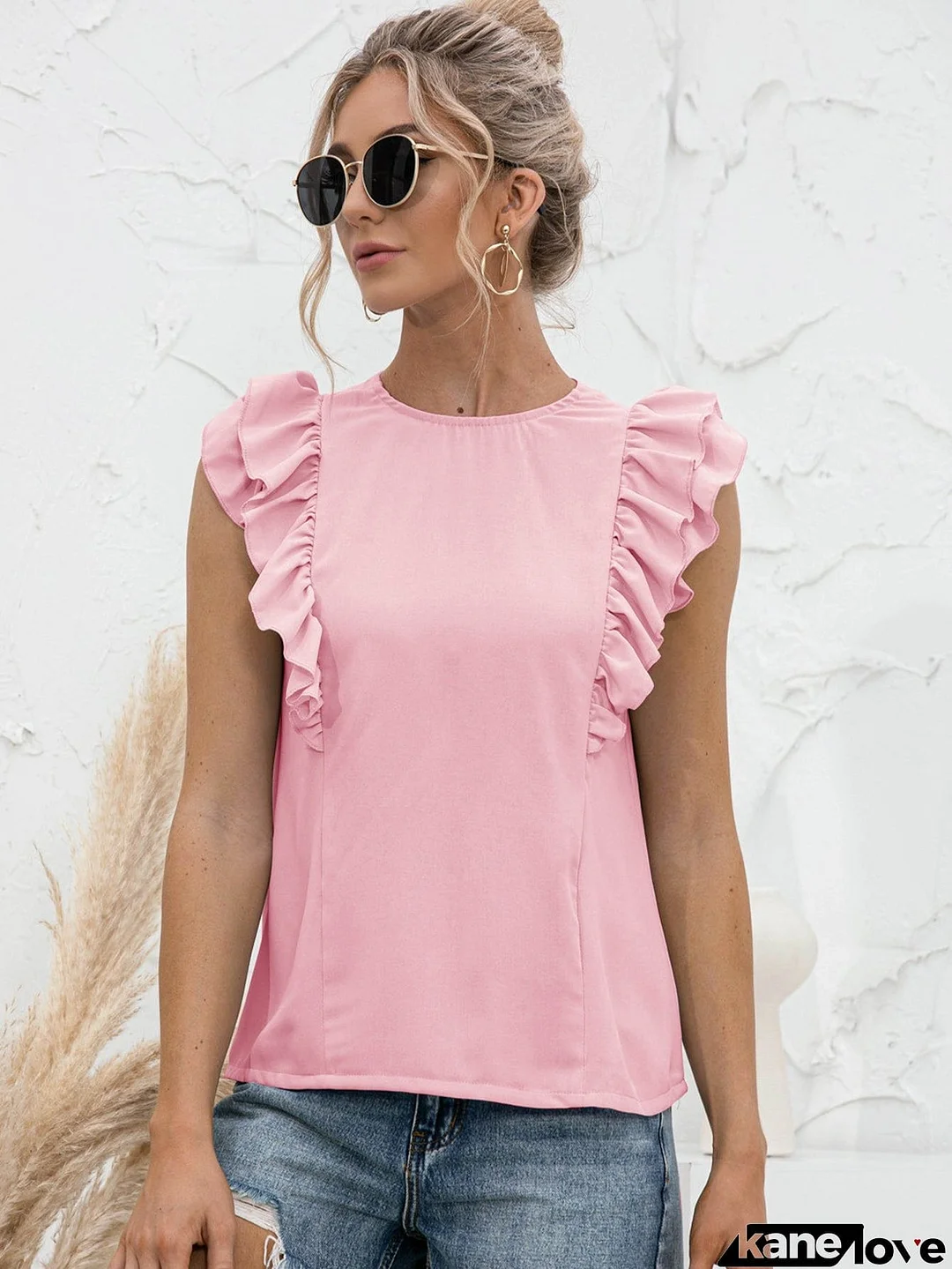 Round Neck Tied Open Back Flutter Sleeve Top