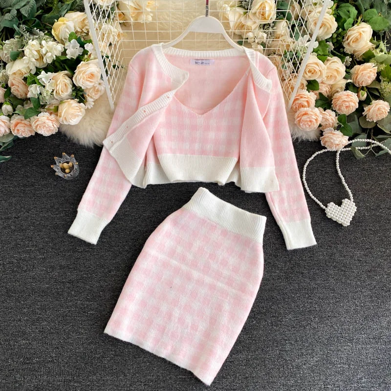 Ueong Sweet Knit Plaid Cardigans + Camisole + Skirts 3pcs Sets Girls Short Sweater Coat + Vest + Mini Skirt Suits Women Outfits