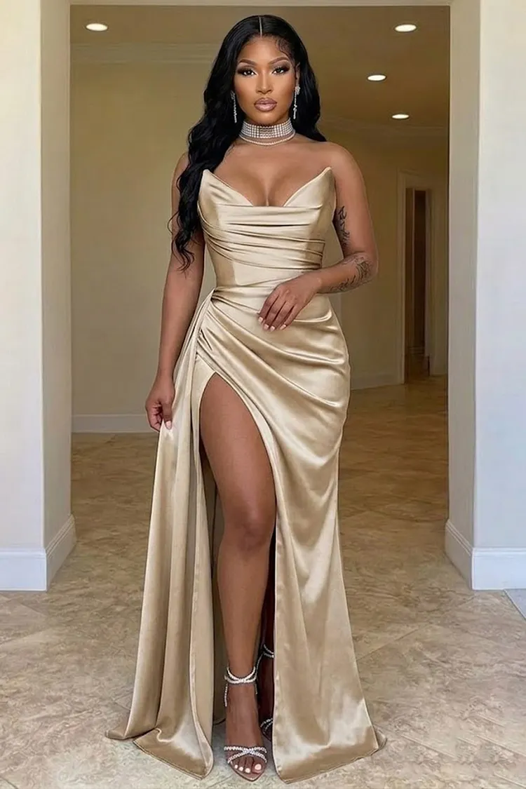 champagne maxi dress formal Loragal Strapless Draped Cinch Waist High Slit Satin Evening Gowns Dresses-Champagne Champagne-S Works best for A Color:Bright turquoise Dec-25 Low Cut Backless Dress Champagne colored