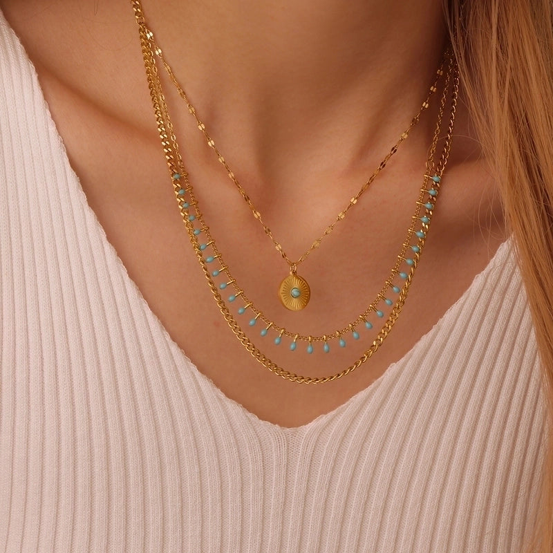 A Temperament 18K Real Gold Stainless Steel Turquoise Star Plate Pendant Multi-Layer Necklace Suitable For Women's Daily Party Wear