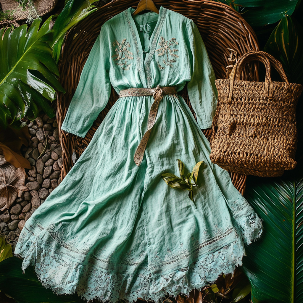  Embroidered Lace Trim Maxi Dress with Woven Tote Bag Set