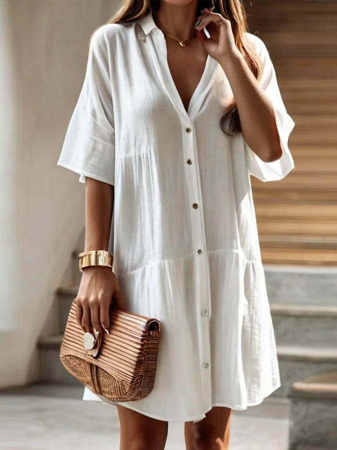 Women's Casual Solid Color V-Neck Mid Sleeve Splicing Dress