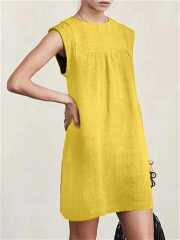 Loose Casual Solid Color Cotton Linen Short Dresses-Hoverseek