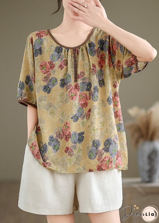 Yellow Print Loose Linen T Shirts O Neck Short Sleeve