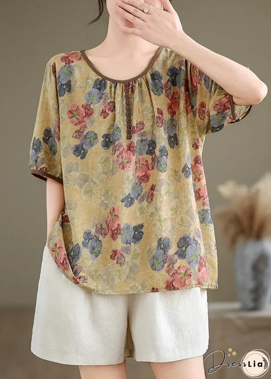 Yellow Print Loose Linen T Shirts O Neck Short Sleeve