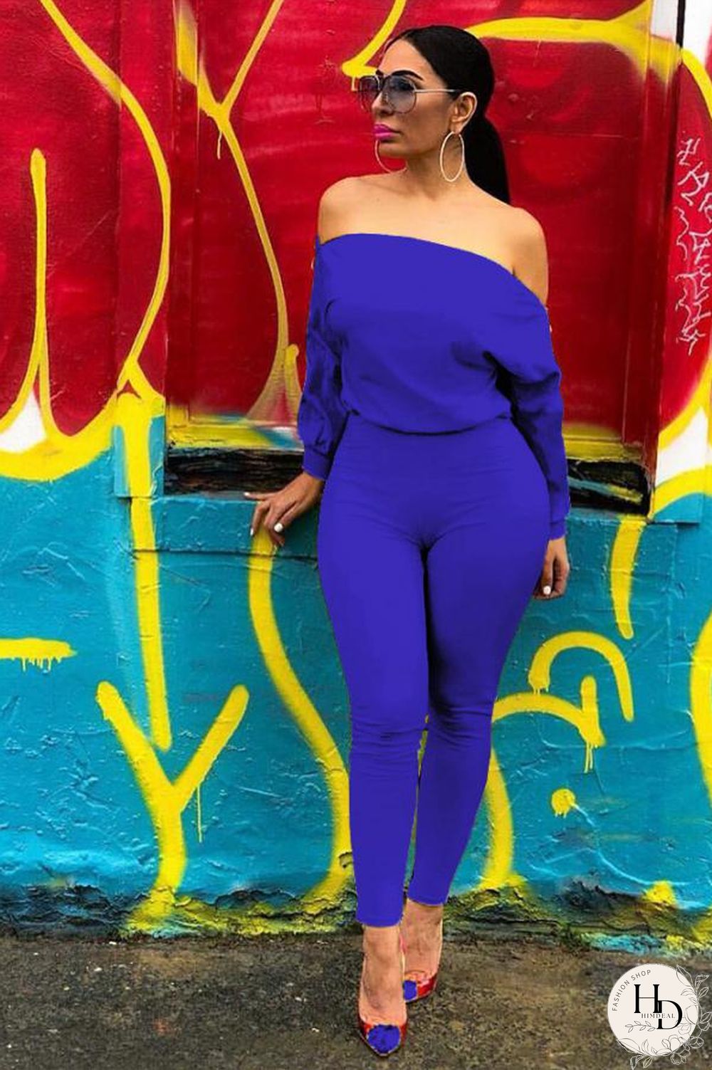 Blue Casual zipper Solid Polyester Long Sleeve one word collar Jumpsuits