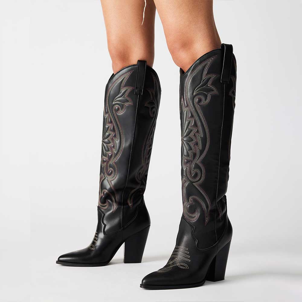 Fashion Pointed Toe Embroidered Knee-High Cowgirl Boots in Black Nicepairs
