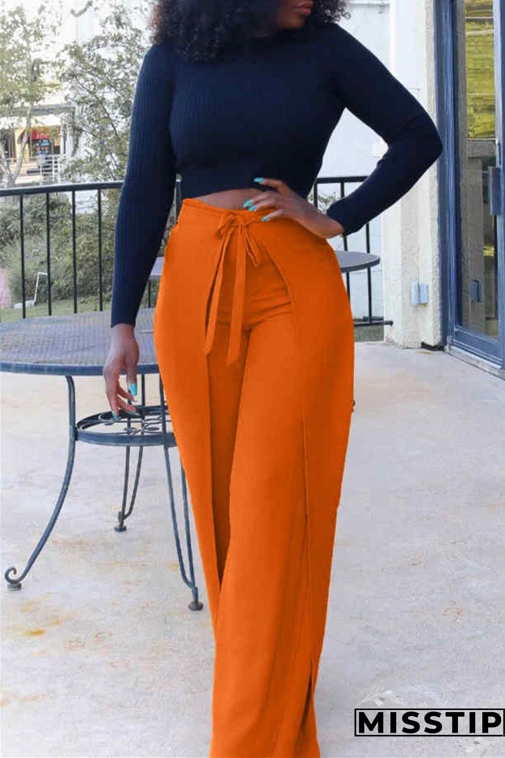 Orange Fashion Casual Solid Bandage Regular High Waist Trousers