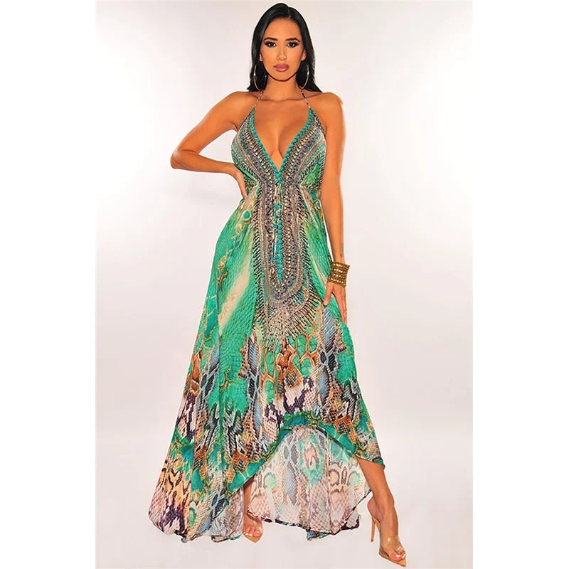 Retro Boho Women's Sexy Long Maxi Dress Sleeveless Halter Loose Pattern Printing Ladies Casual Tight Dress Summer Beach Dress