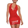Plus Size Women Beach Party Vocation Halter Dress PVC Leather Deep V-neck Sleeveless Stretch Mini Dress Sexy Wrap Hips  Attire