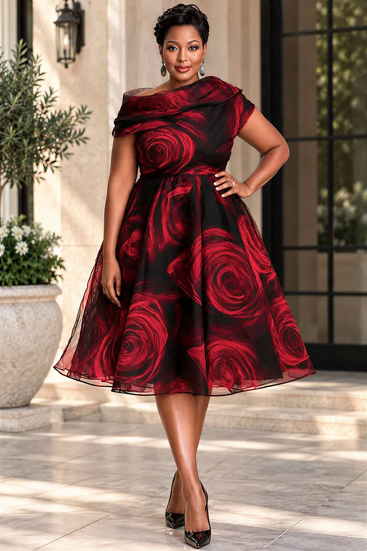 Xpluswear Design Plus Size Wedding Guest Red Asymmetrical Collar Organza Midi Dresses [Pre-Order] 2024 - Xpluswear