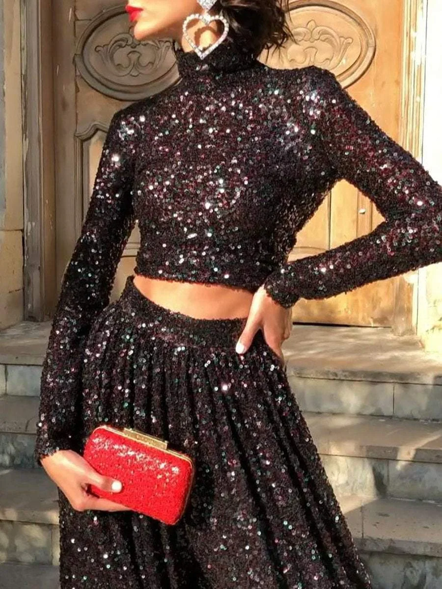 Sequin suit with long-sleeved cropped top & wide-leg pants
