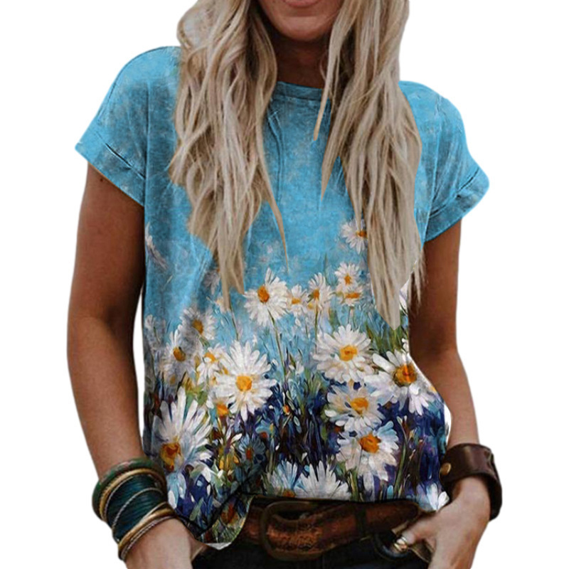 Women's Casual V Neck Floral Vintage Printed T-shirt