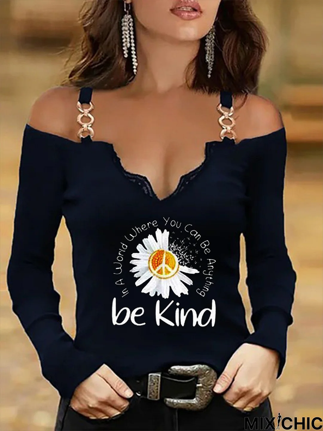 Vintage Be Kind Daisy Printed Lace V Neck Long Sleeve Casual Top