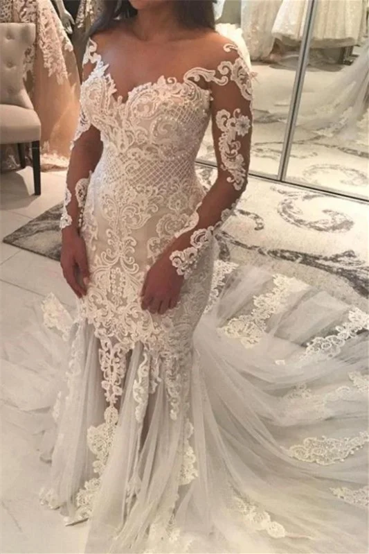 Bellasprom Mermaid Wedding Dress Long Sleeves Tulle Lace With Appliques
