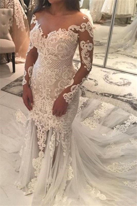 Off-the-Shoulder Long Sleeves Beads Mermaid Wedding Dress With Lace Appliques | Ballbellas Ballbellas