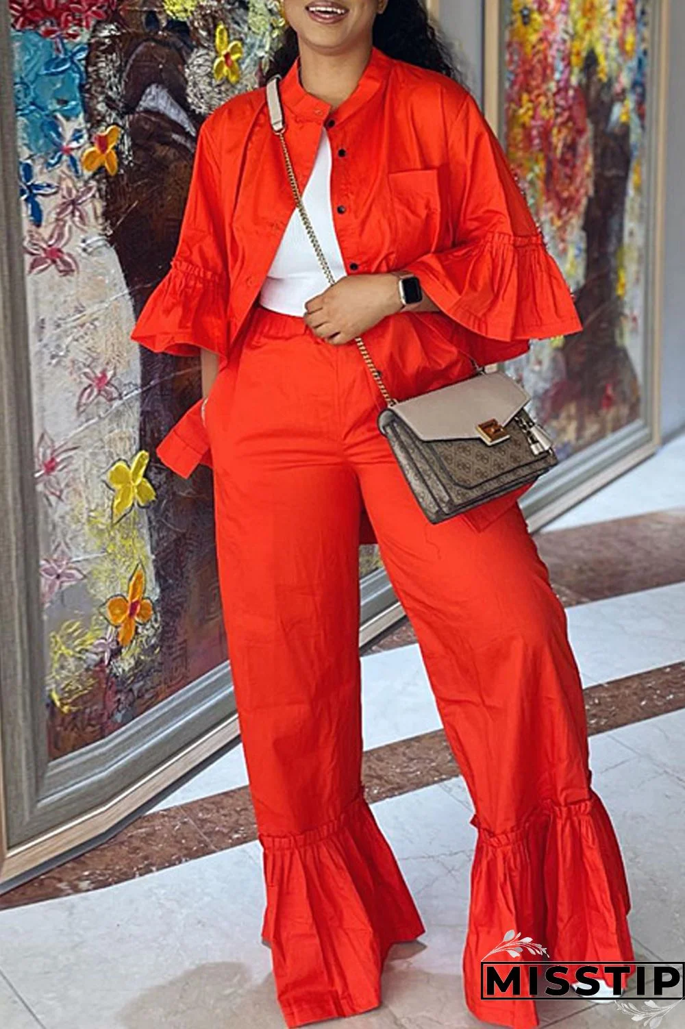 Red Casual Solid Patchwork Three Quarter Two Pieces