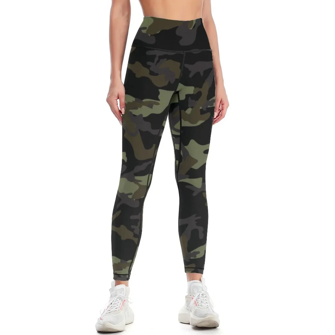 Dark Green Camouflage Printed Yoga Pants Women Capris Full Length Yoga Legging High Waist Outdoor Running Pants