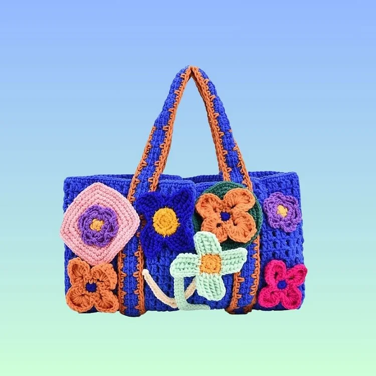 Lulusnow Handmade Multicolor Doodle-style Crochet Flowers Youthful Whimsy Crochet HandBag