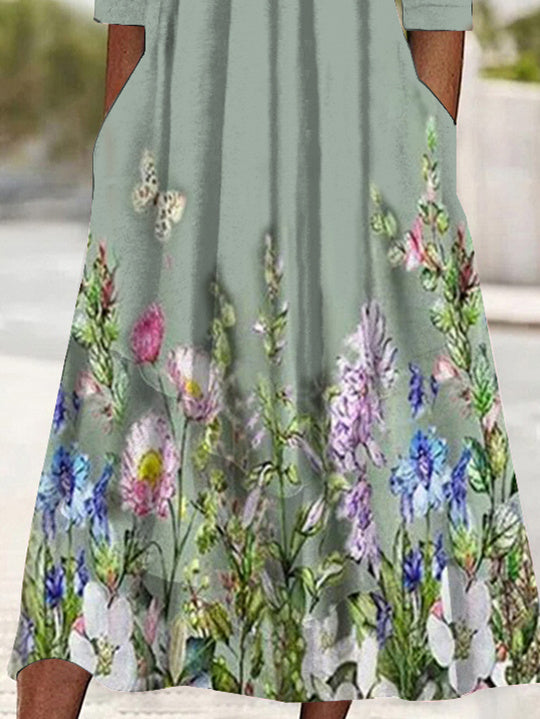 Women Half Sleeve V-neck Solid Color Dress