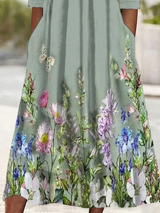 Women Half Sleeve V-neck Solid Color Dress