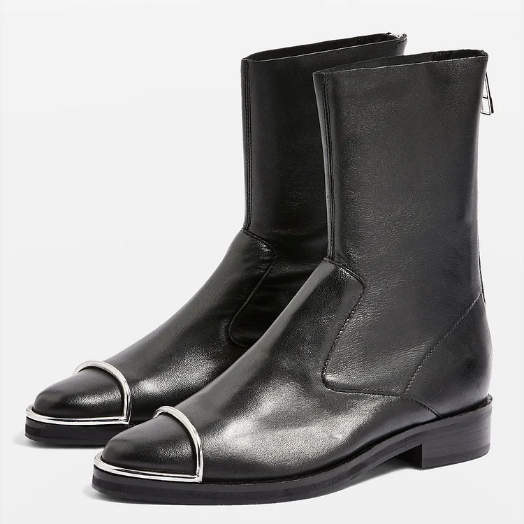 Black Zipper Flat Booties Metal Embellished Fashion Ankle Boots |FSJ Shoes