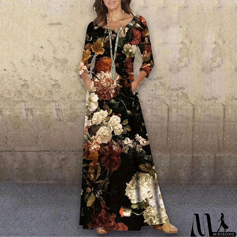 MidiSono - Women Fashion Casual Floral Printing Long Sleeve Maxi Dress