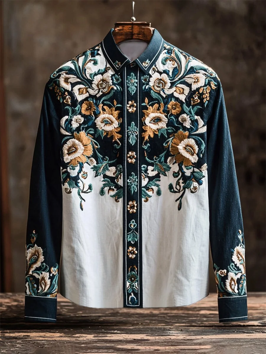 Men's Retro Casual Western Ethnic Print Long Sleeve Shirt 