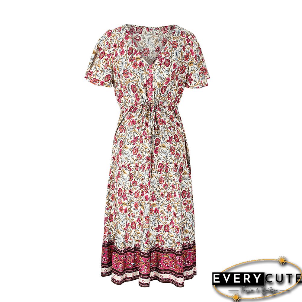 White Short Sleeve V Neck Boho Dress