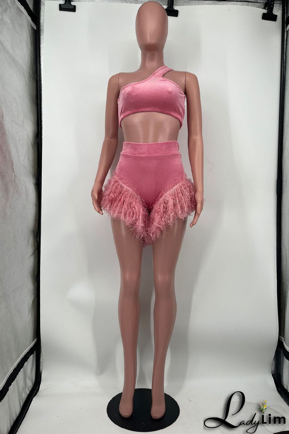 Pink Fashion Sexy Solid Patchwork Backless One Shoulder Two Pieces