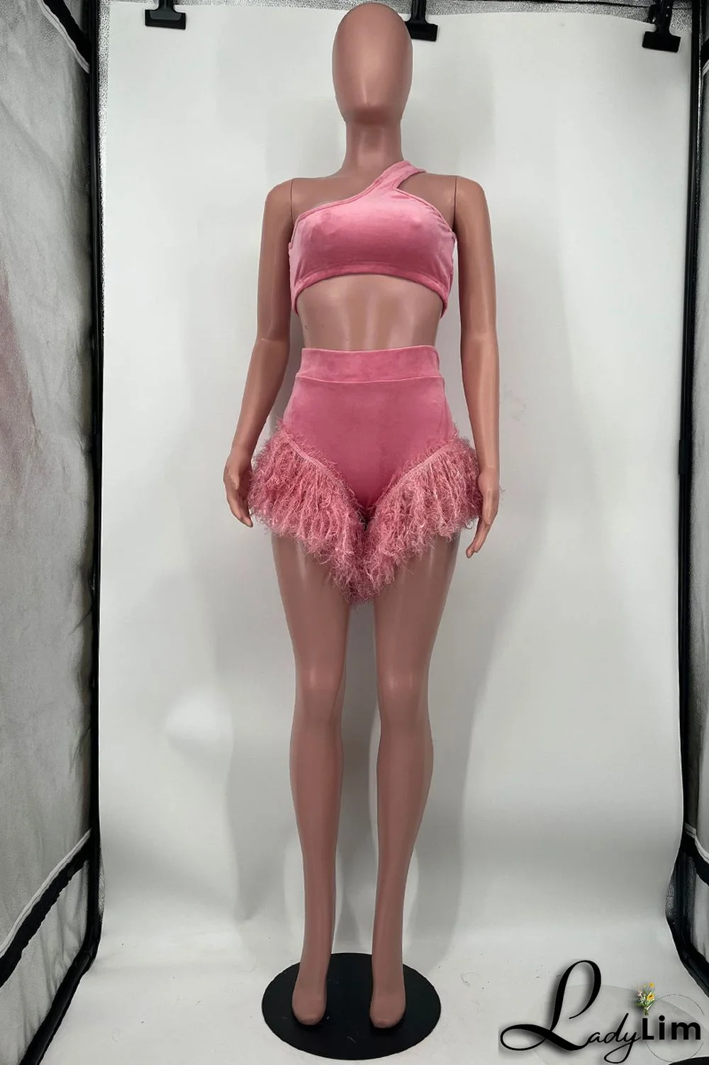 Pink Fashion Sexy Solid Patchwork Backless One Shoulder Two Pieces