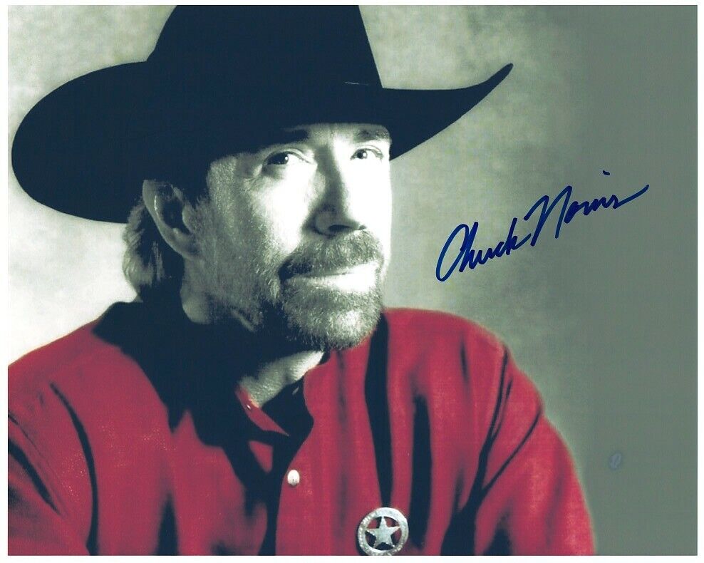 CHUCK NORRIS signed WALKER TEXAS RANGER 8x10 w/ coa COWBOY HAT & BADGE CLOSEUP