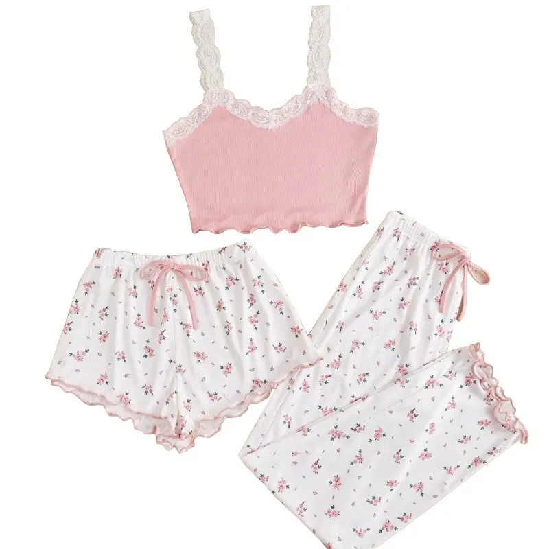Churchf New Peach Hearted Pajamas Women's Spring And Summer Sweet And Cute Three-Piece Set Of Hanging Trousers Short Sexy Homewear