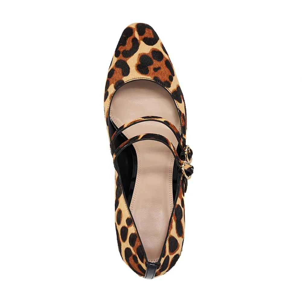 Beige Cheetah Pattern Closed Toe Block Heel Buckle Mary Jane Pumps